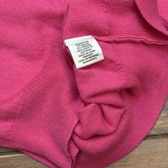ELLE HOT PINK SWEATER LACE TRIM TEXTURED YOKE ROUND NECK 3/4 SLEEVE SIZE L - Picture 6 of 7